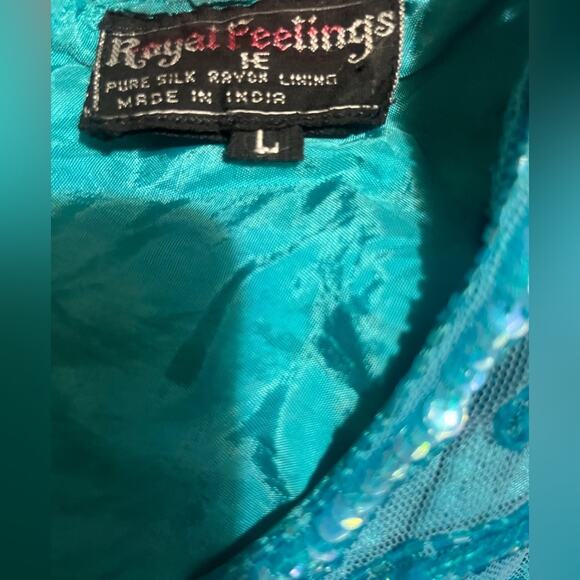 Vtg Turquoise Seguin Floral Applique Sheer Panel Blouse And Skirt Coord Set L - Picture 7 of 9